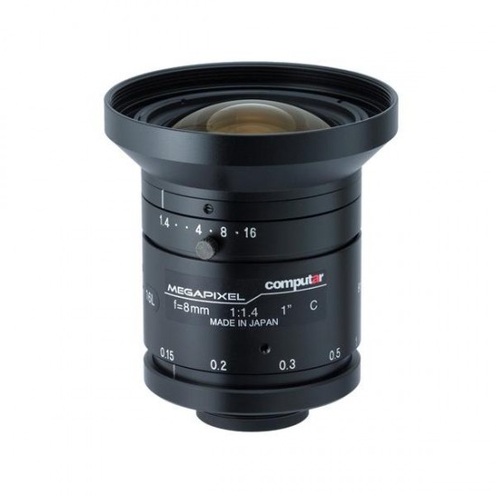 V0814-MP Computar 1" C-Mount 8mm F/1.4 2 Mega-Pixel Ultra Low Distortion Manual Iris Lens