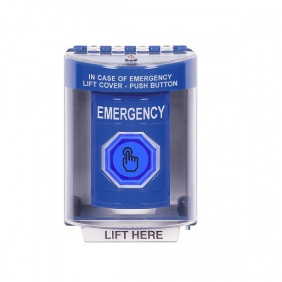SS2476EM-EN STI Blue Indoor/Outdoor Surface Momentary (Illuminated) with Blue Lens Stopper Station with EMERGENCY Label English